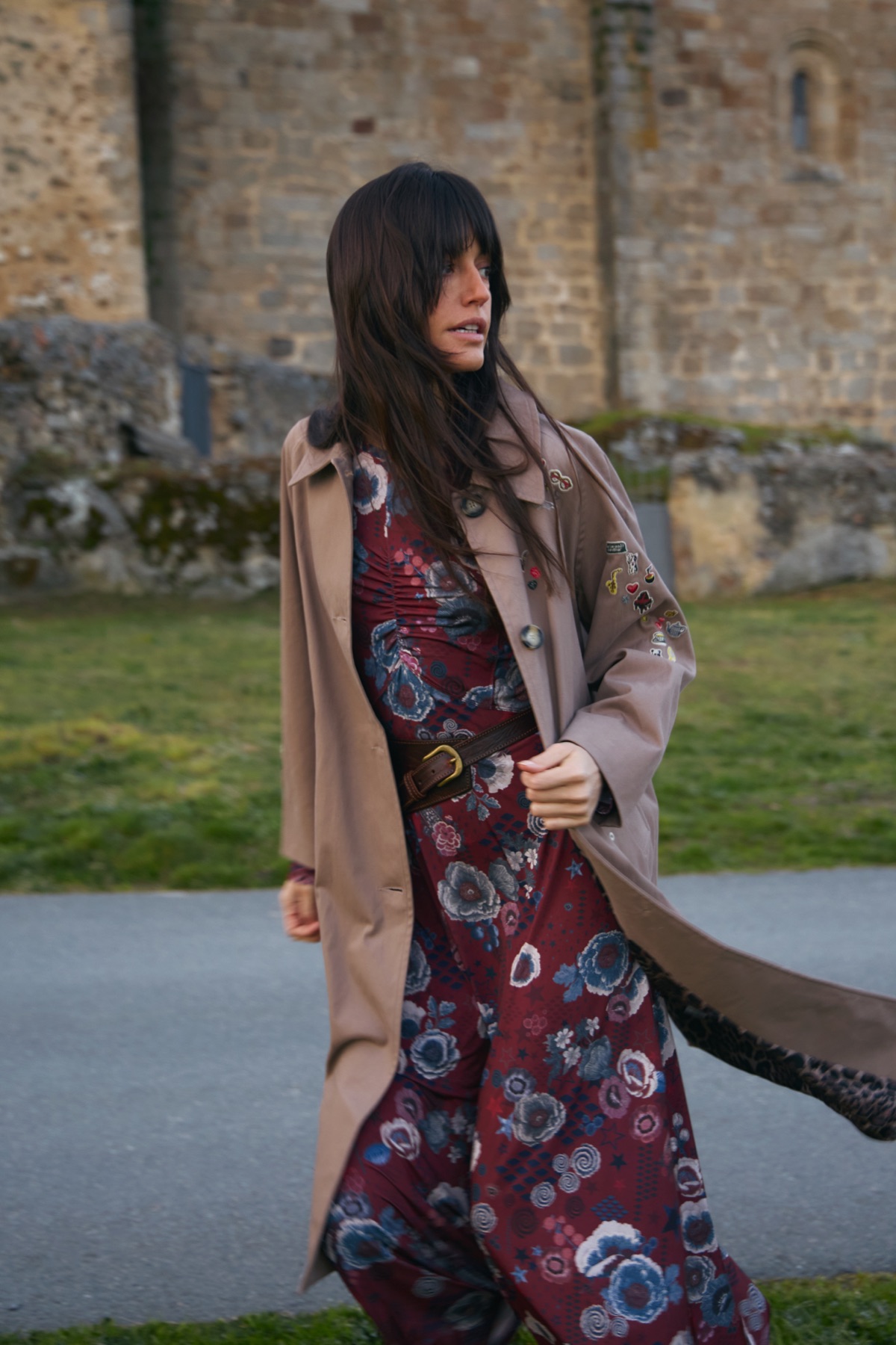 Vilagallo campaign — trench coat by the stone wall
